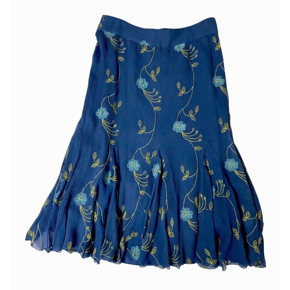 AK Anne Klein 100% Silk Embroidered Midi Skirt Blue Floral Beaded Flared Size 6